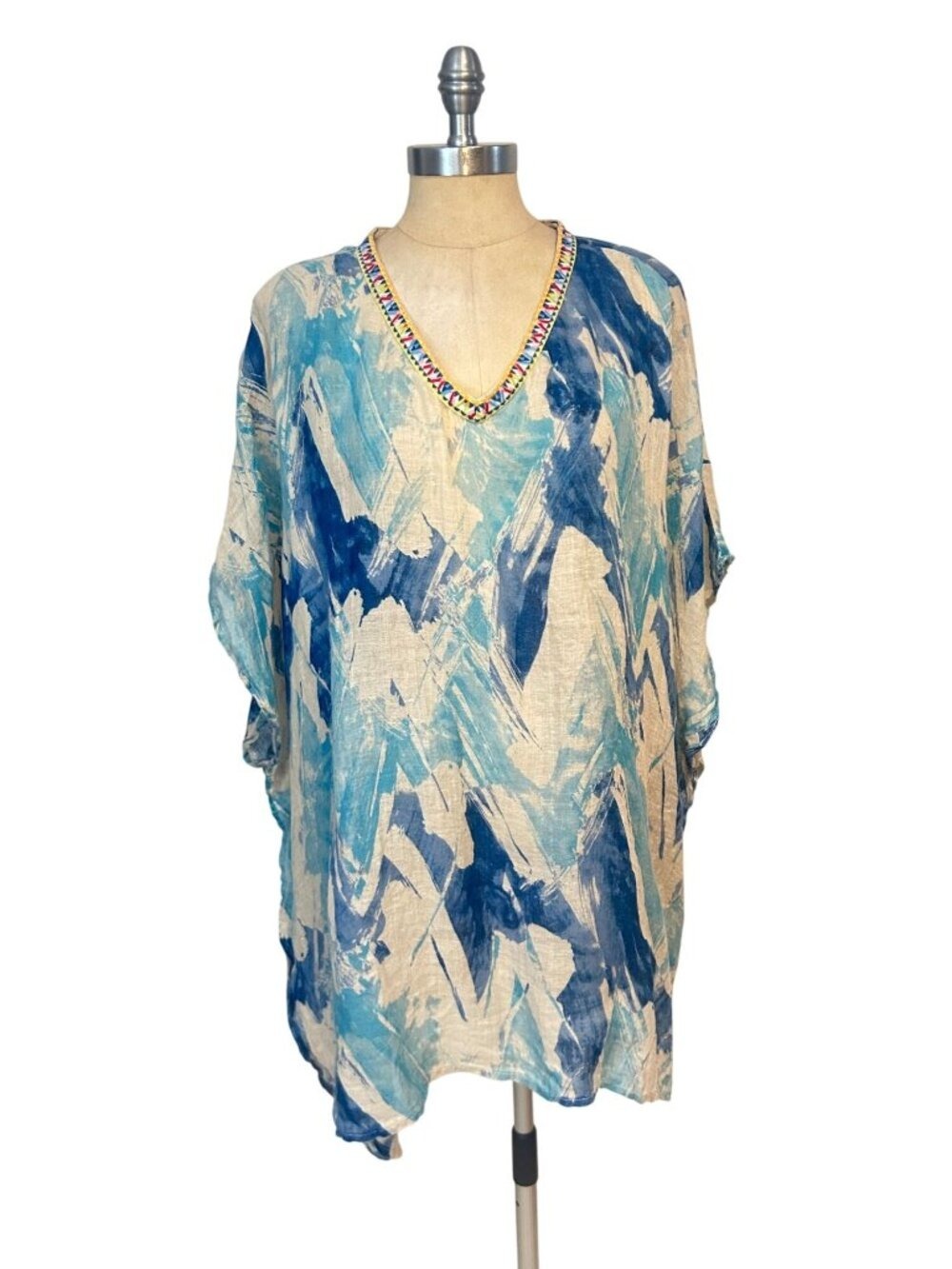 Johnny Was 3J Workshop Boho Tunic Blue White V Neck Linen Size Small